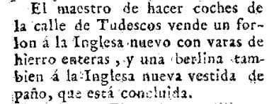 Recorte de un periódico de 1788 con un anuncio del maestro de hacer coches de la calle de Tudescos