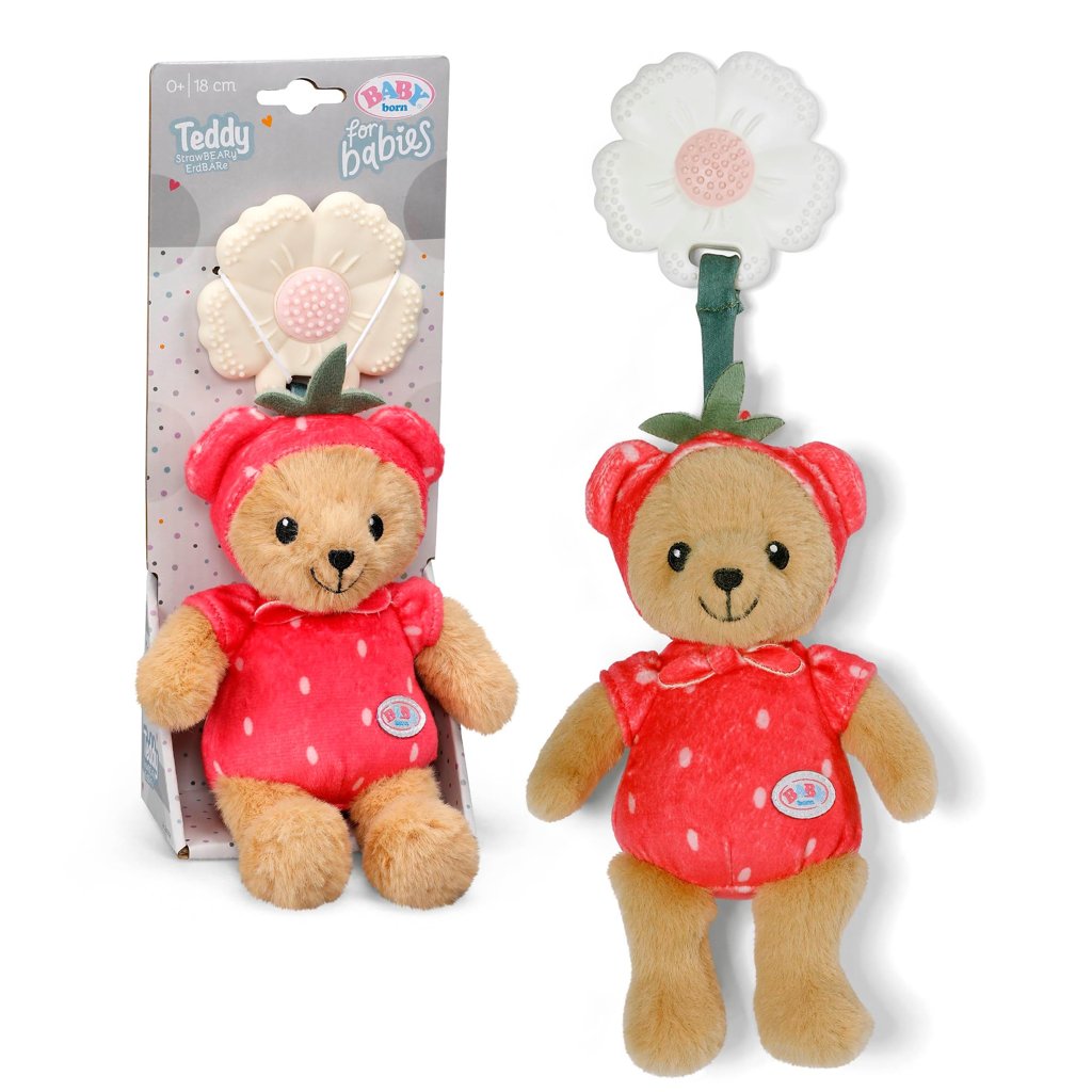 BABY born for babies Peluche Teddy Oso Fresa 18 cm con mordedor - sonajero y papel crujiente | Lavable