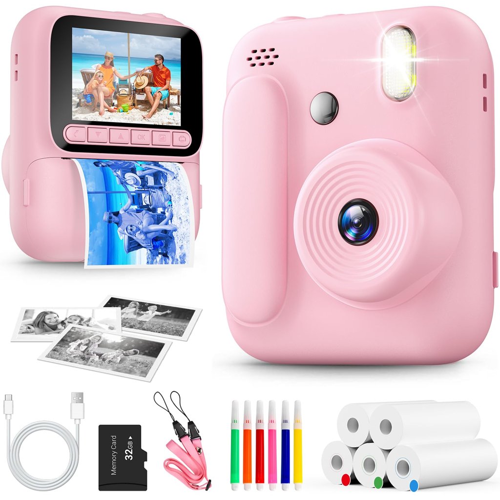 Cámara instantánea rosa para niños: fotos 1080p y papel incluido