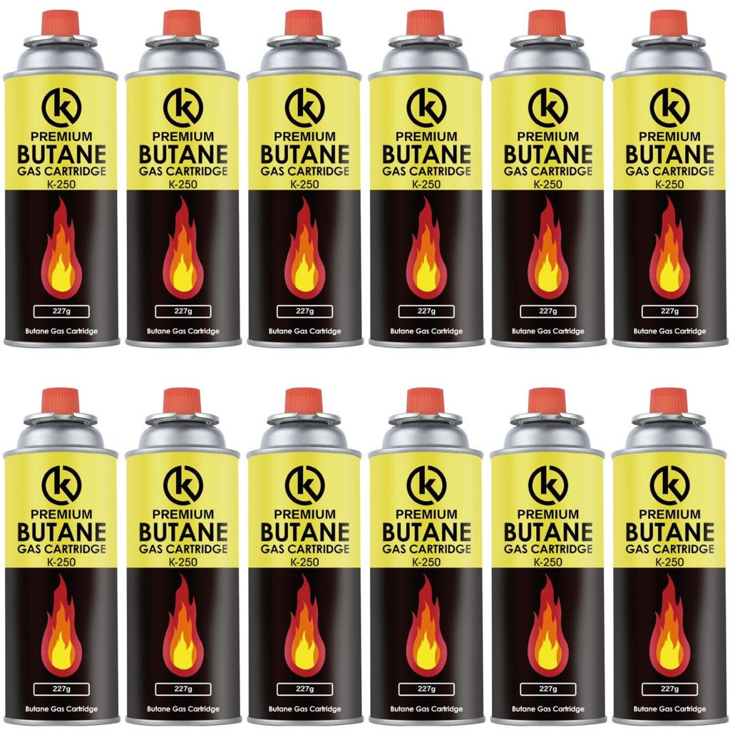 Pack 12 cartuchos de butano K-250, ideal para camping y sopletes