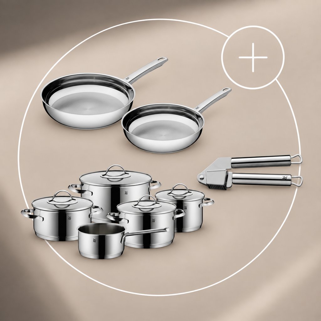 Set completo de sartenes y batería de cocina WMF con prensador de ajos