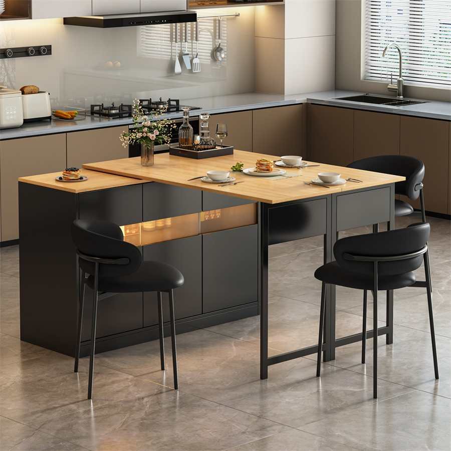 Isla de cocina extensible con mesa, vitrina y doble nivel