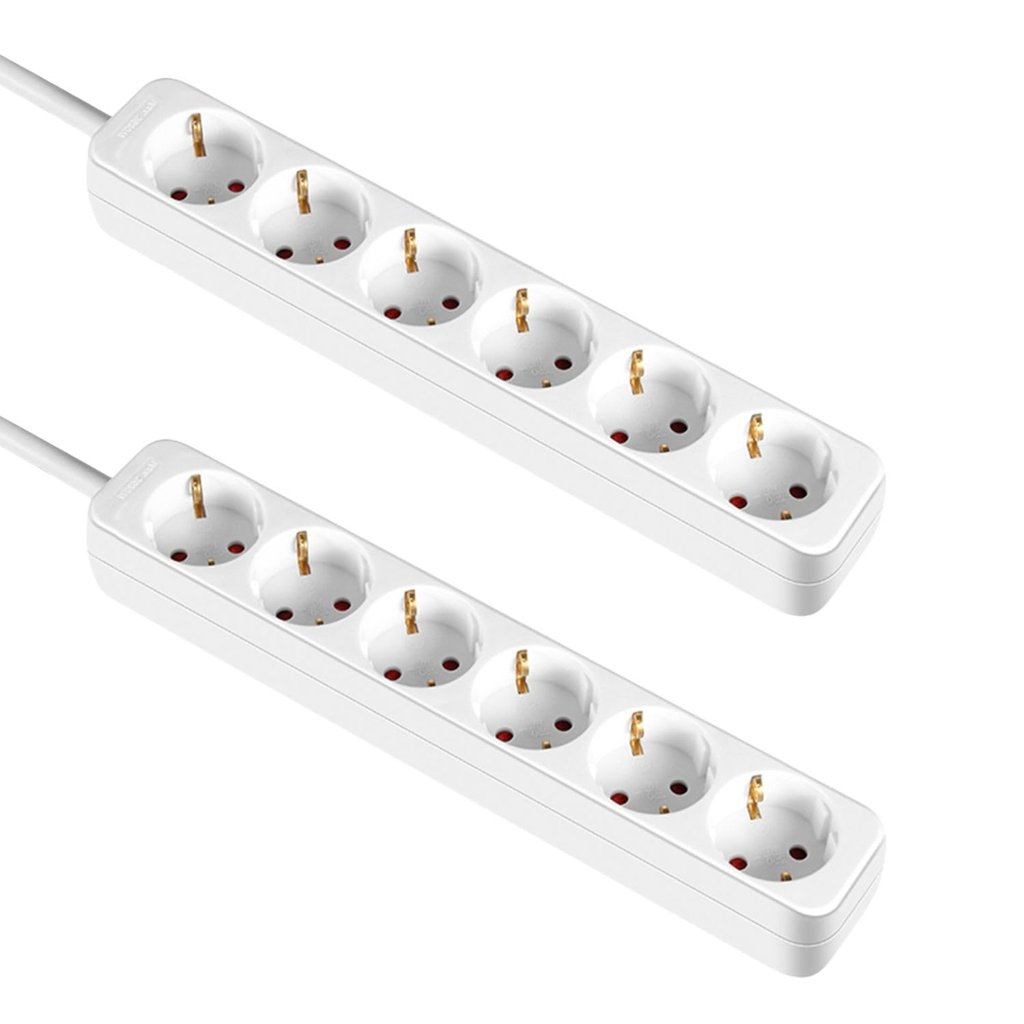 ¡Doble regleta Schuko de 6 tomas, 1 m, en blanco, sin interruptor!