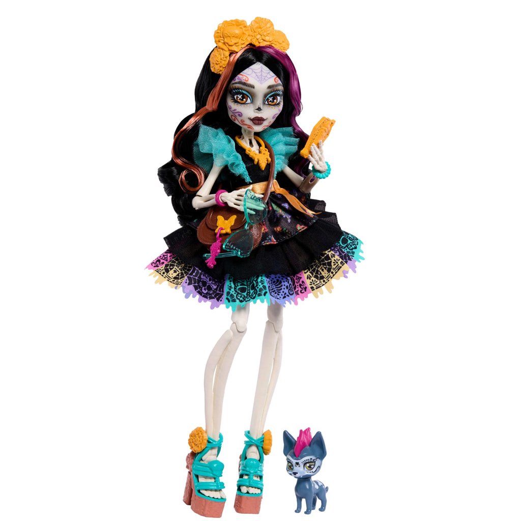 Muñeca Monter Hight con vestido de papel pintado y perrita Candelita