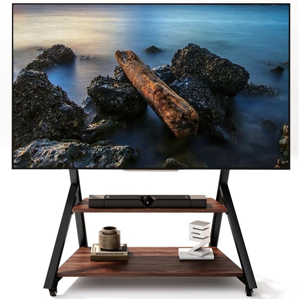 Soporte móvil para TV de 50‑100″ con estante de madera