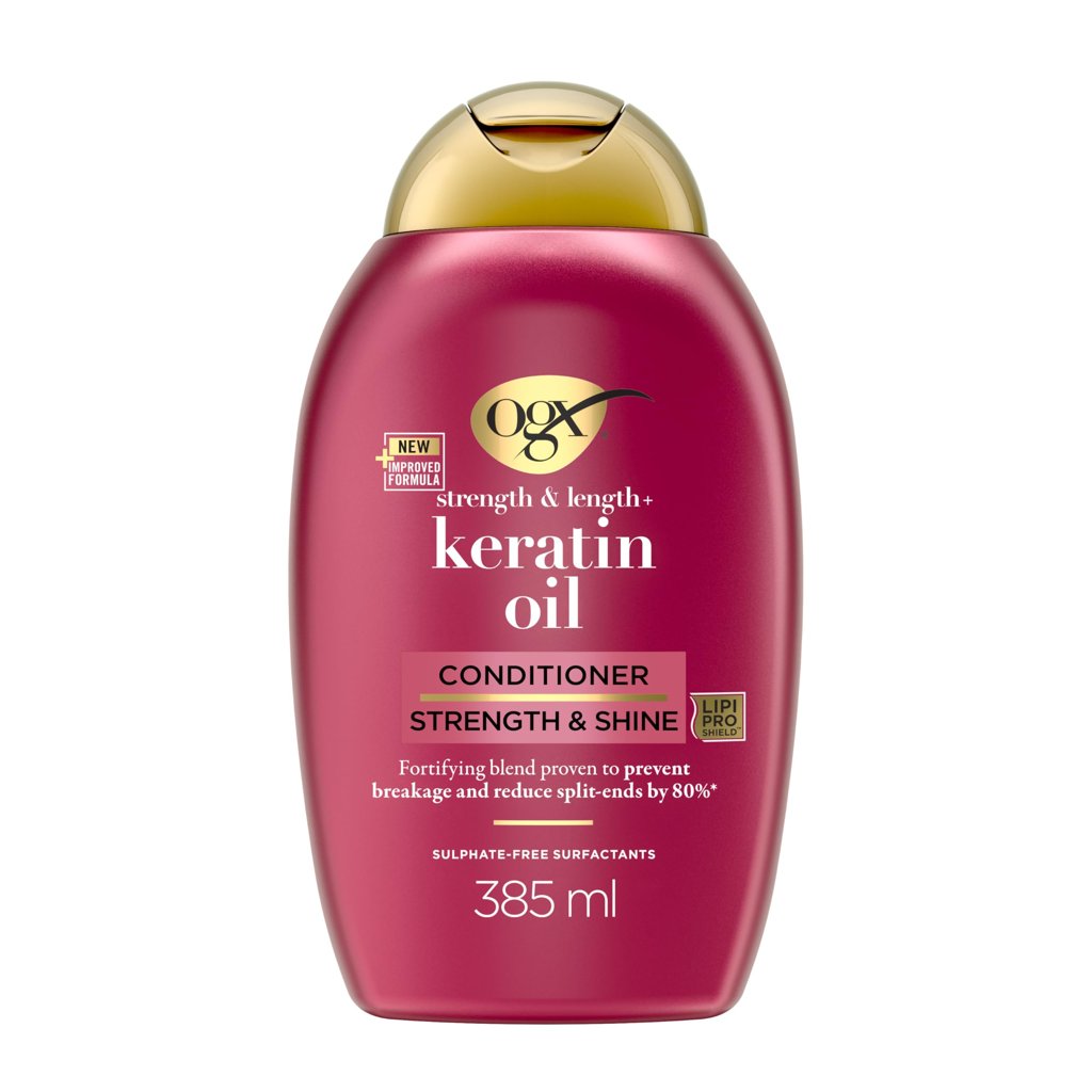 OGX Keratin Oil Acondicionador Fortificante 385 ml, con Queratina y Aceite de Argán, Antirrotura