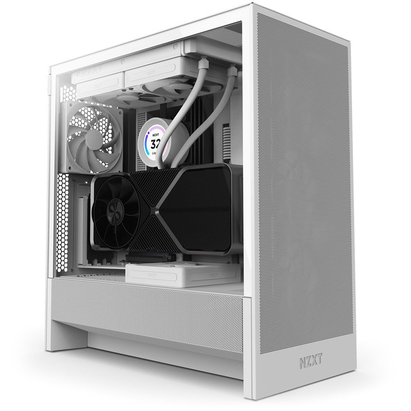 Caja NZXT H5 Flow Blanca E-ATX: frontal mesh, GPU de 410 mm y radiador de 360 mm