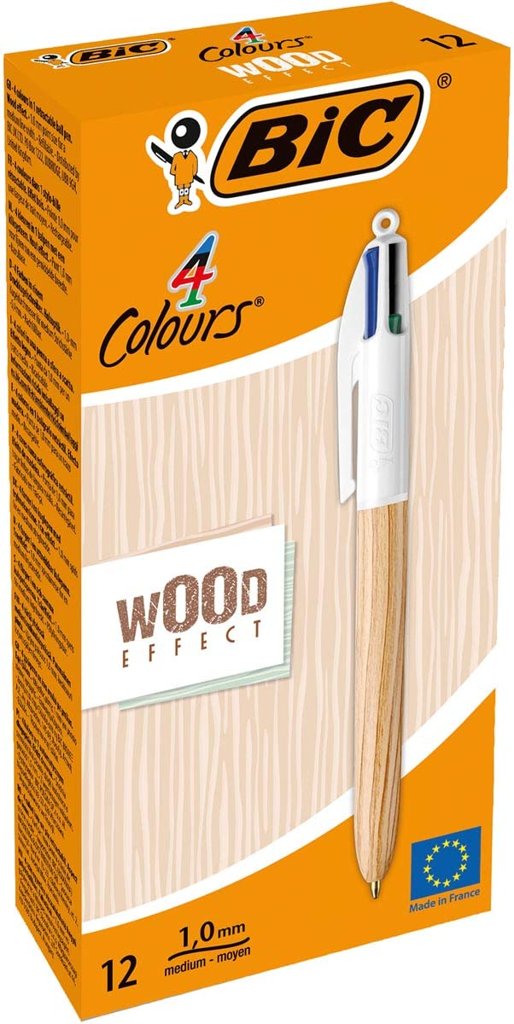 Set 12 bolígrafos BIC efecto madera – negro, azul, verde y rojo