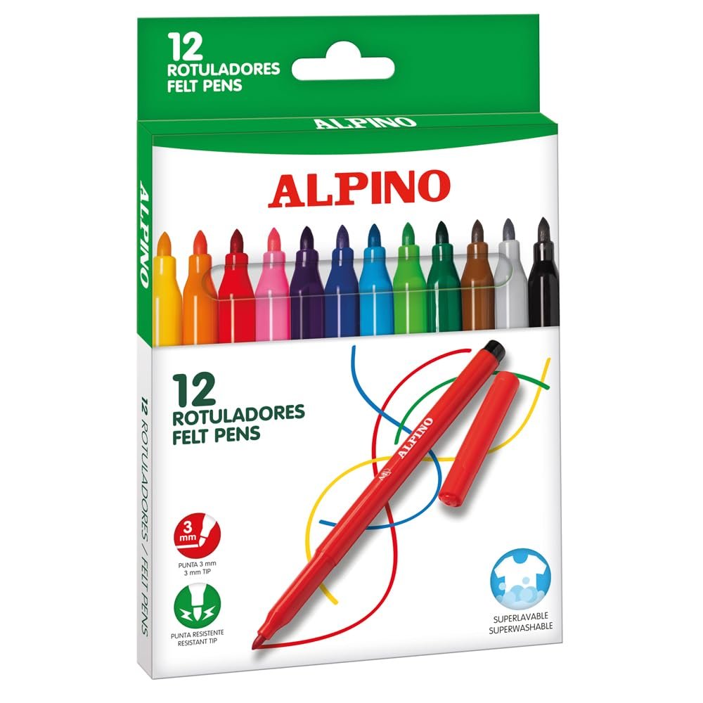 Pack de 3 rotuladores Alpino 12 colores – punta 3 mm y tinta lavable