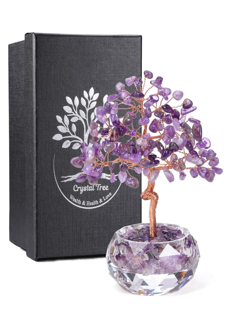 Árbol de la vida con piedras de amatista, jarrón de cristal facetado