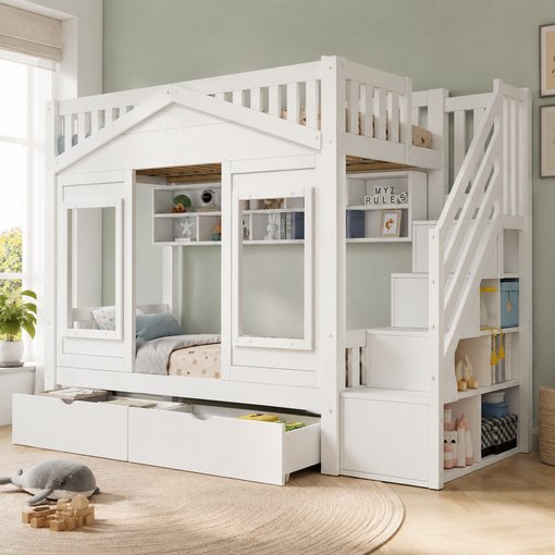 Cama litera blanca de madera maciza con escalera y anticaída