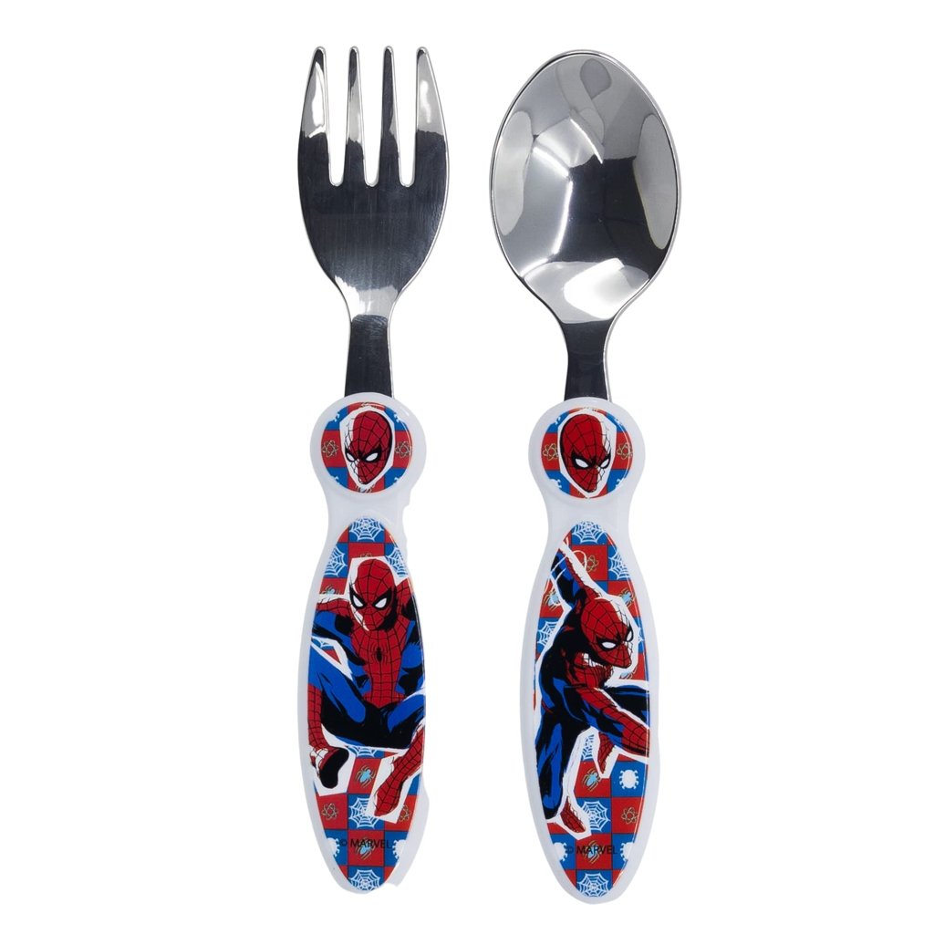 Set de 2 cubiertos Spider‑Man Arachnid Grid – Tenedor y cuchara sin BPA