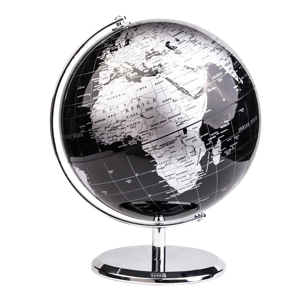 Globo terráqueo metálico de 20 cm – diseño elegante en negro