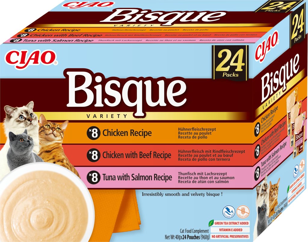 Pack 24 sobres de INABA Ciao Bisque: pollo, ternera, atún y salmón