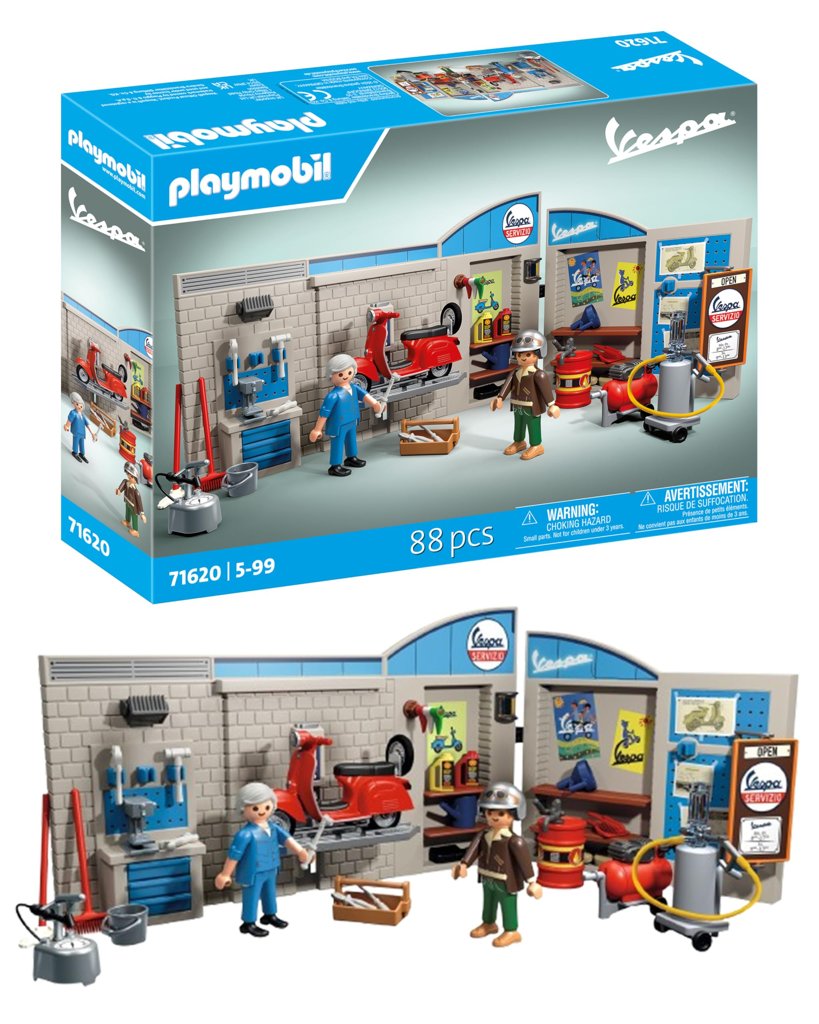 PLAYMOBIL Cars 71620 Taller Vespa años 60, Incluye Plataforma elevadora móvil, con Accesorios versátiles para 