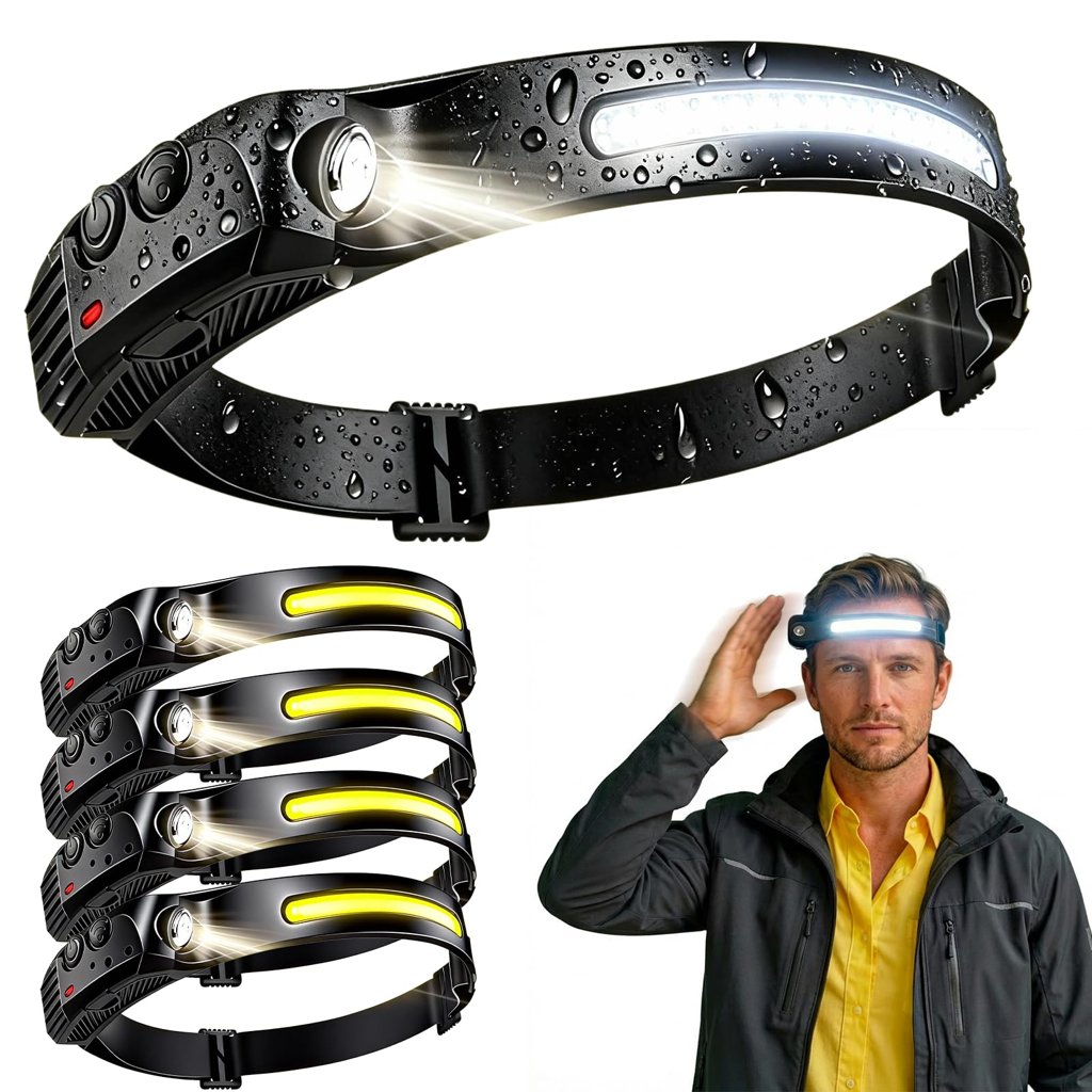 Pack de 4 linternas frontales LED recargables con sensor de movimiento