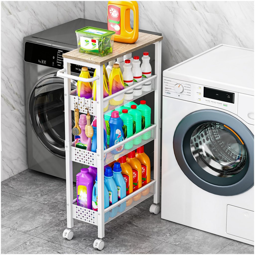 Carrito de cocina estrecho de 4 niveles con ruedas y tablero de madera blanco