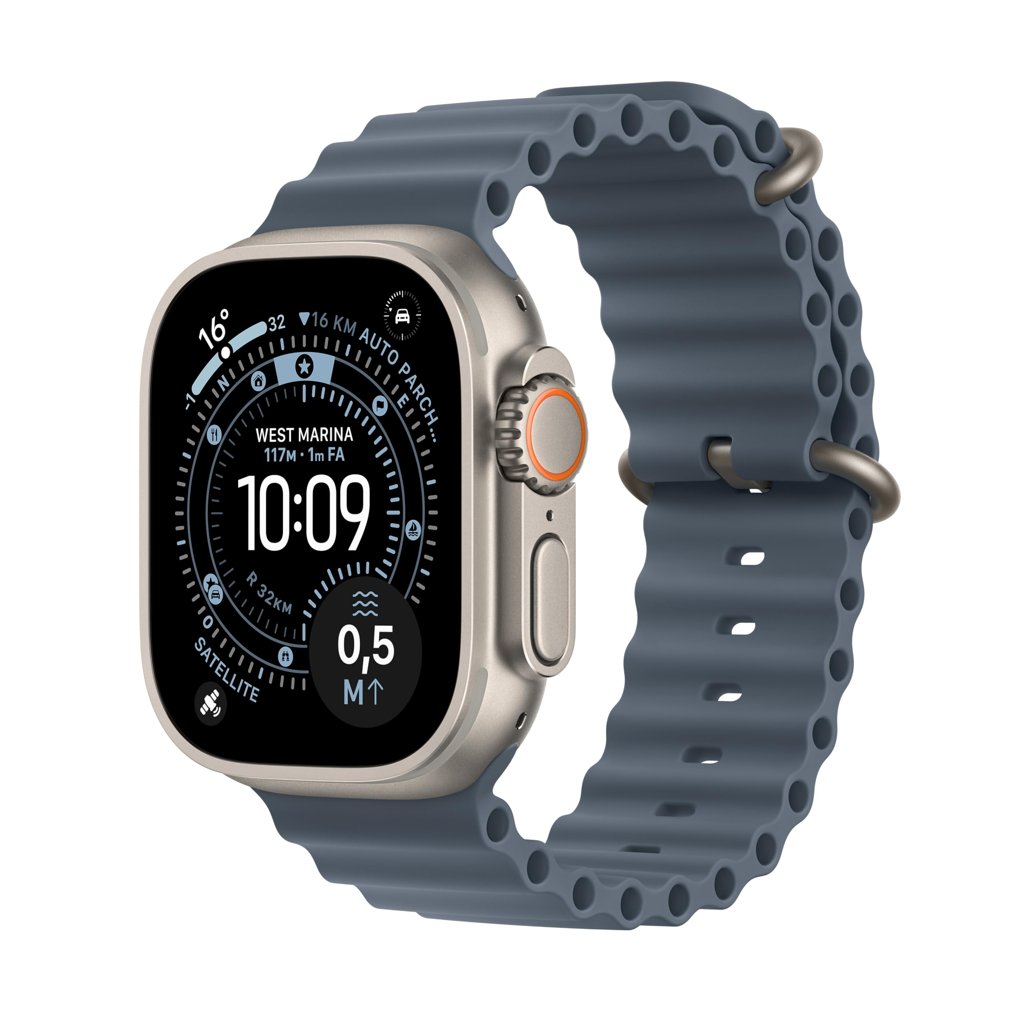 Apple Watch Ultra 3 GPS + Cellular, caja de titanio natural de 49 mm con correa azul océano salado.