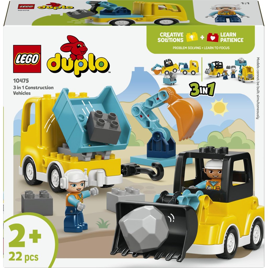 LEGO Duplo Vehículos de Construcción “3 en 1. Juguetes para niños de 2+ años, juego montessori, camiones y exc