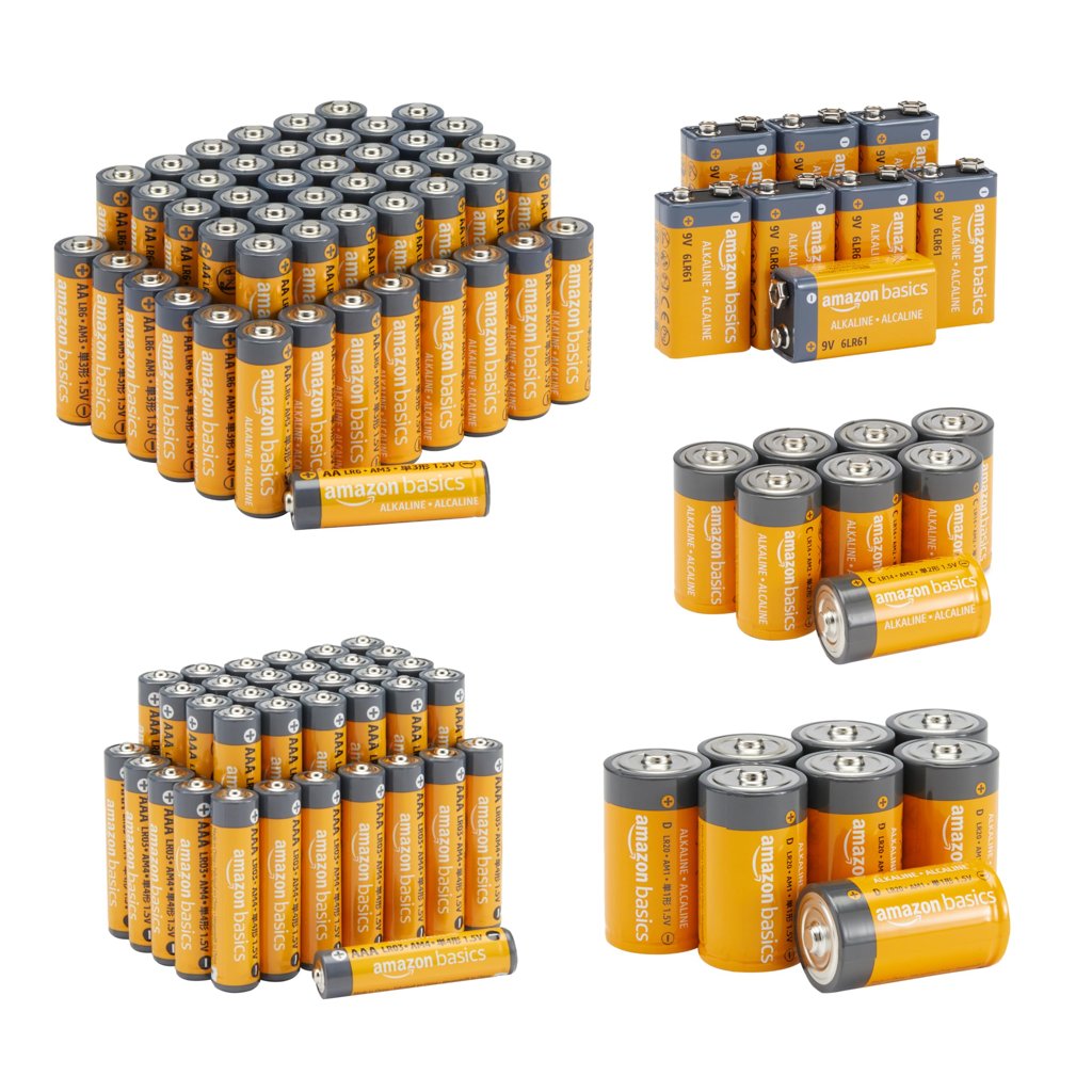 Amazon Basics - Mega Pack con 108 pilas alcalinas: 48 AA + 36 AAA + 8 C + 8 D + 8 de 9 V