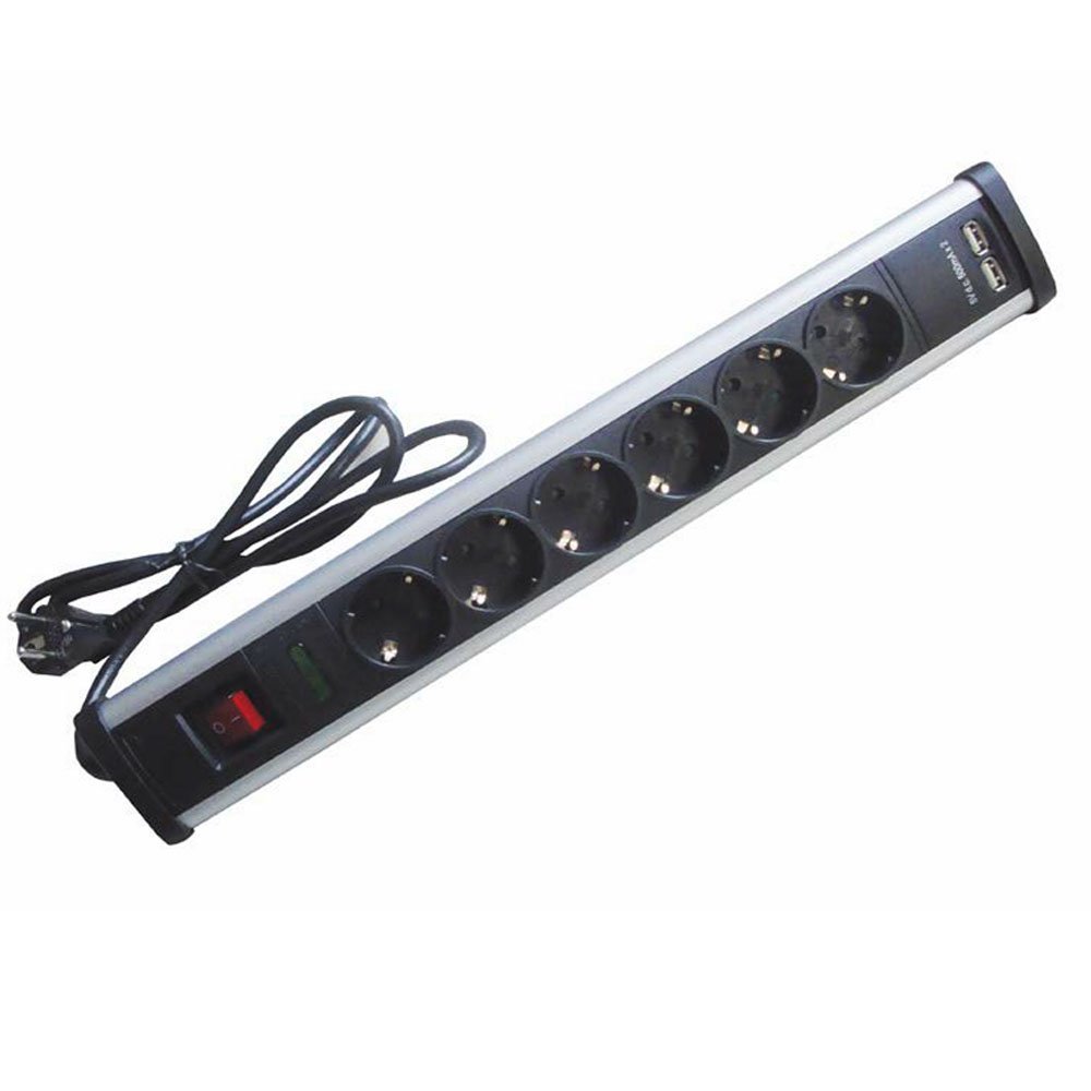 Regleta triangular de 6 enchufes + 2 puertos USB con interruptor luminoso