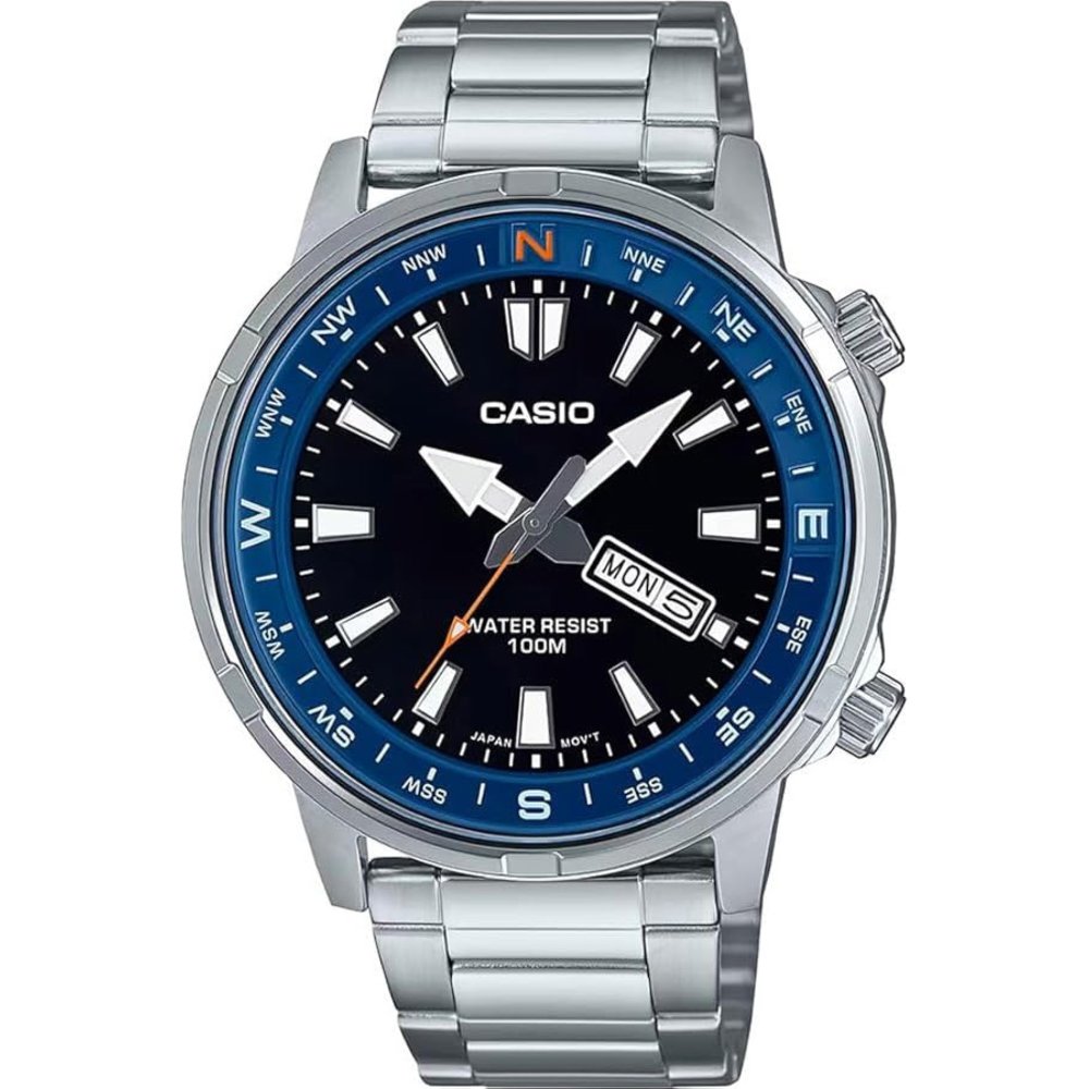 Casio – MTD-130D-1A2VDF con caja y brazalete de acero inoxidable gris y esfera analógica negra,