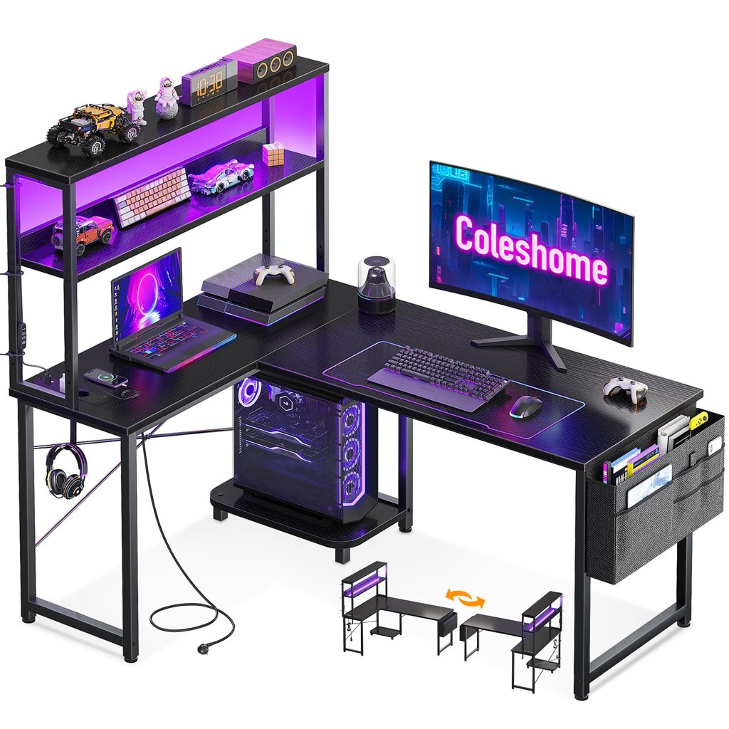 Escritorio gaming en L con LED, USB y estantes – negro y reversible