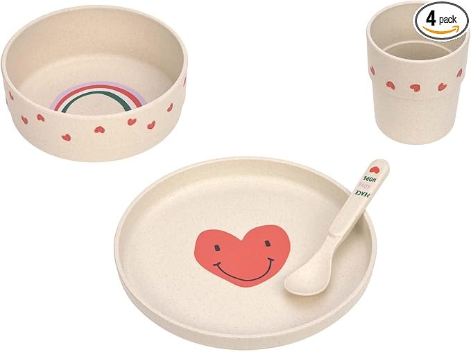 LÄSSIG Juego de vajilla infantil (plato, bol, taza, cuchara) sin BPA para lavavajillas y microondas