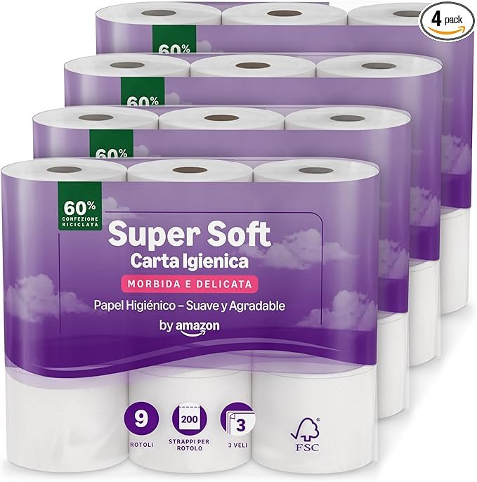 Amazon Papel Higiénico Supersuave de 3 Capas, 36 Rollos (4 Paquetes de 9), 200 Hojas por Rollo