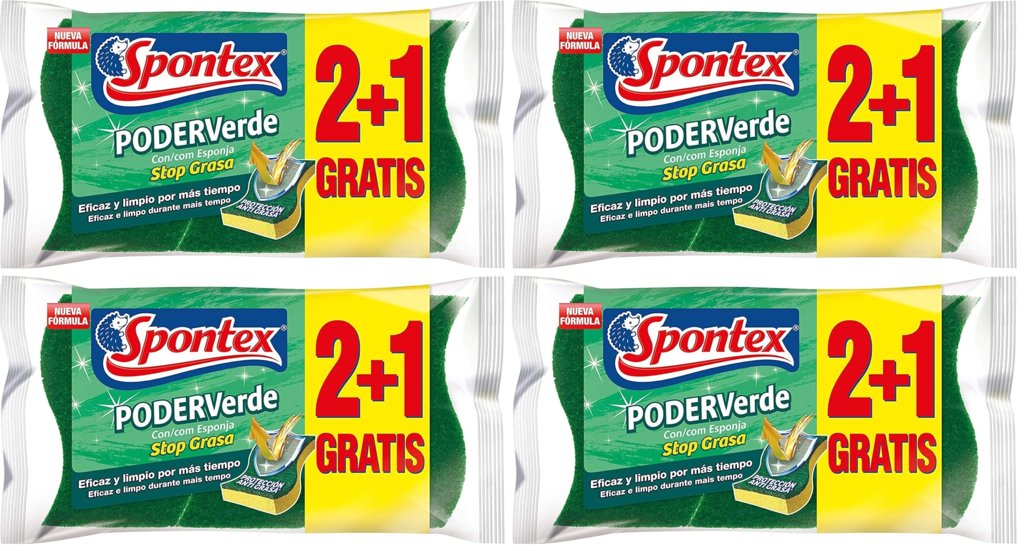 Spontex Estropajos de Fibra con Esponja, 3 estropajos (Paquete de 4)