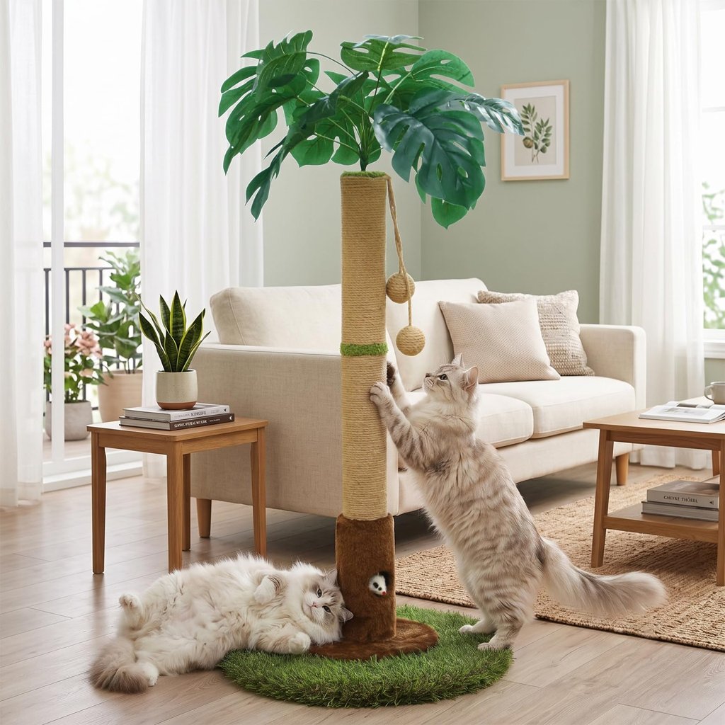 Divertido poste rascador para gatos con palmera y bola colgante