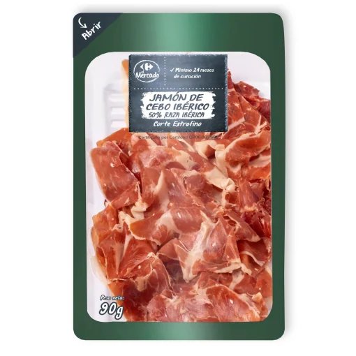 3 x Jamón Ibérico de Cebo, 50% Raza Ibérica Carrefour El Mercado corte extra fino 90 gr. (35,48 €/kg.)