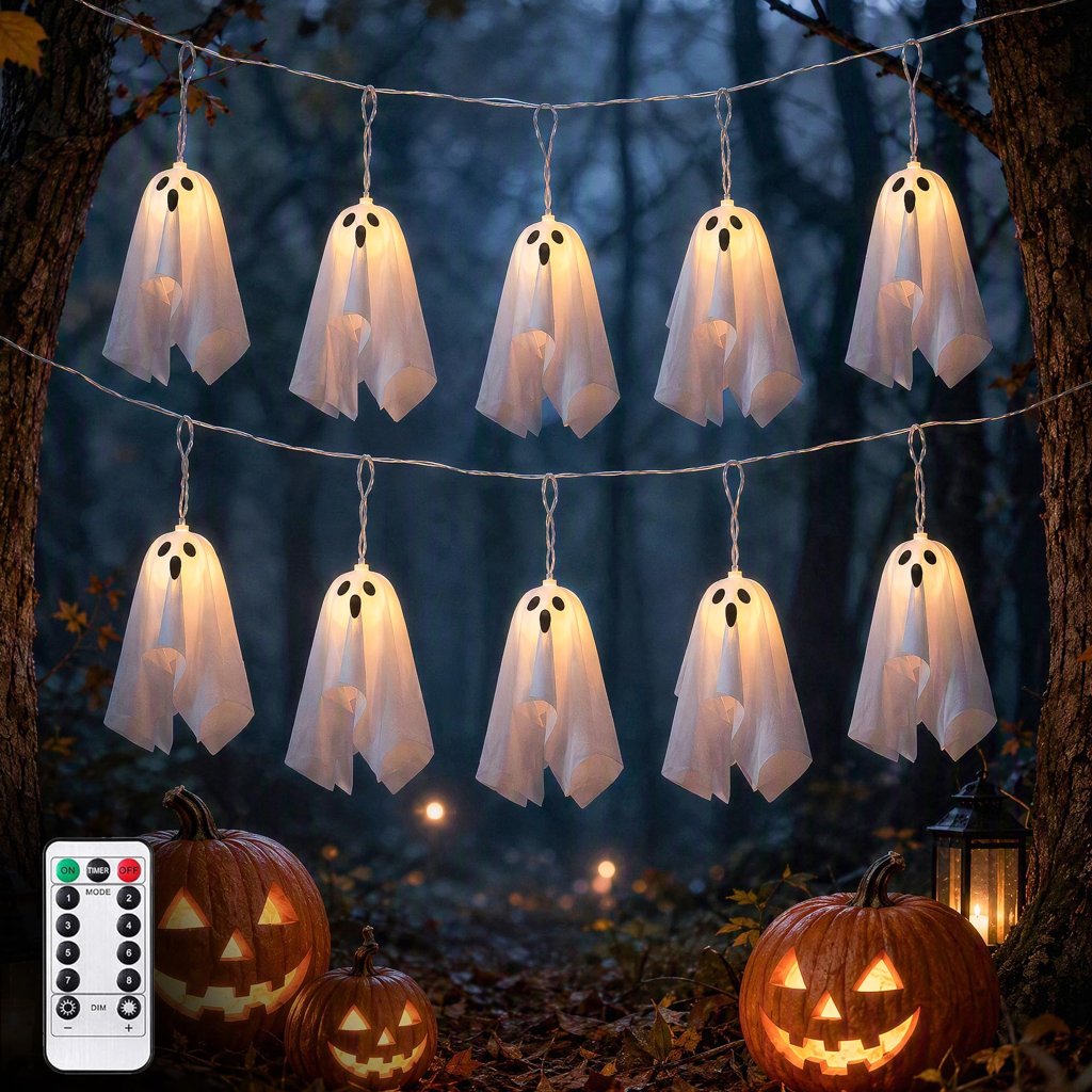 Fantasmas Decoracion Halloween, 2.75M LED Luces de Cadena Fantasma Colgante Halloween Exterior de 8 Modos, Bat