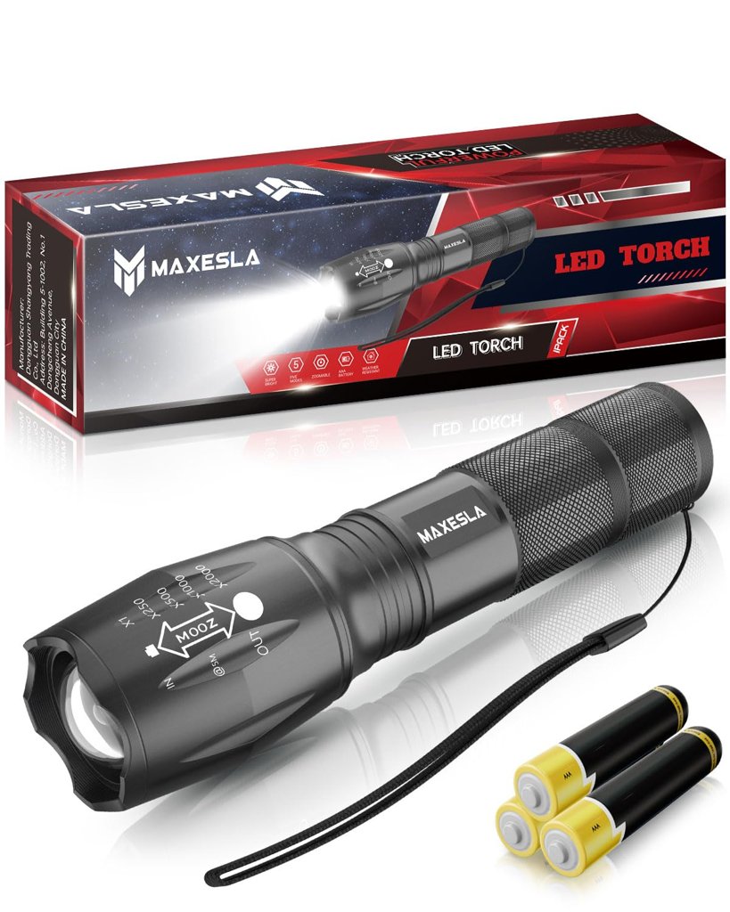 Maxesla Linterna LED Táctica de Alta Potencia (2000 lm) con 5 Modos, Regulable Zoom y Cuerpo de Aluminio, 3 Pi