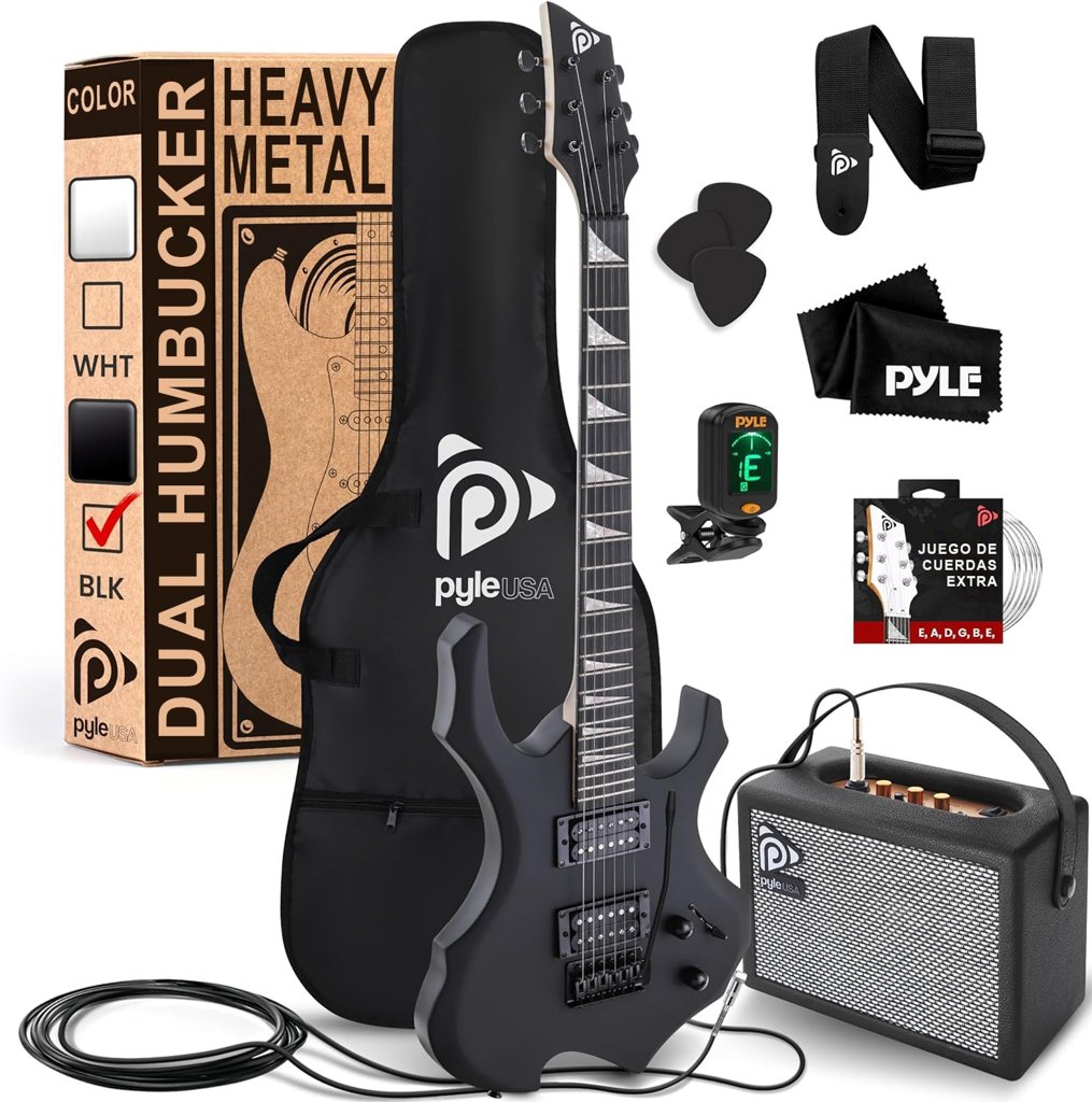 Kit guitarra eléctrica Pyle estilo hacha con amplificador y accesorios