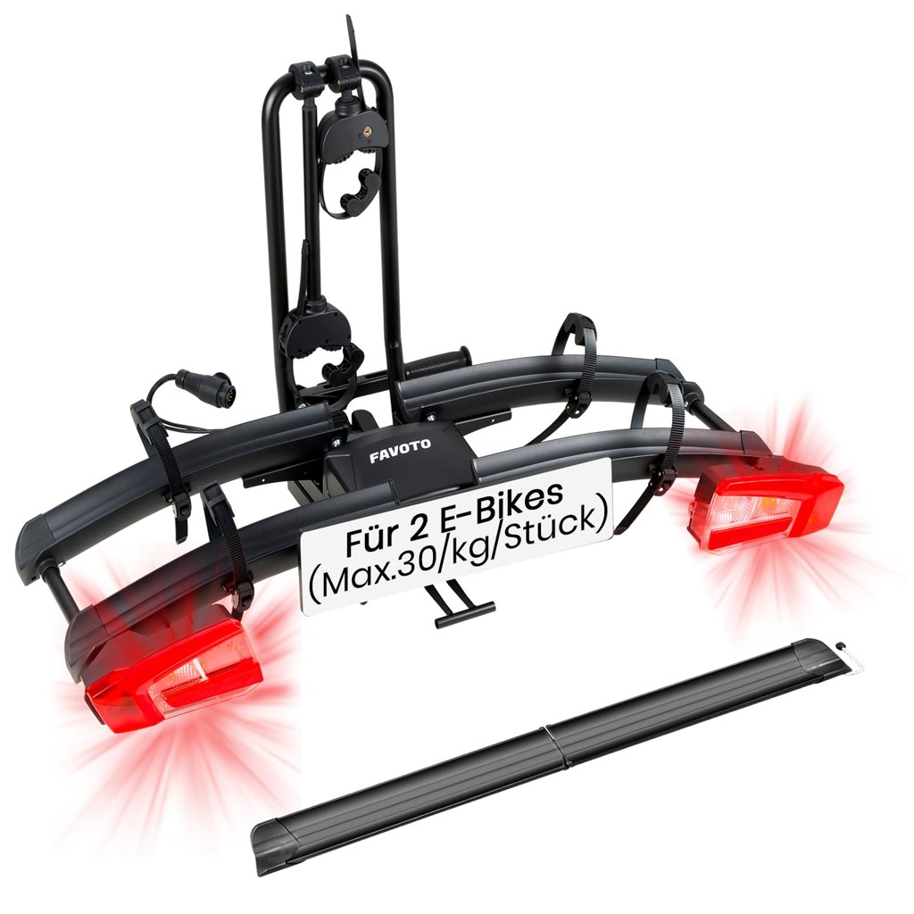 Portabicicletas plegable Favoto para 2 e‑bikes – Antirrobo y luces