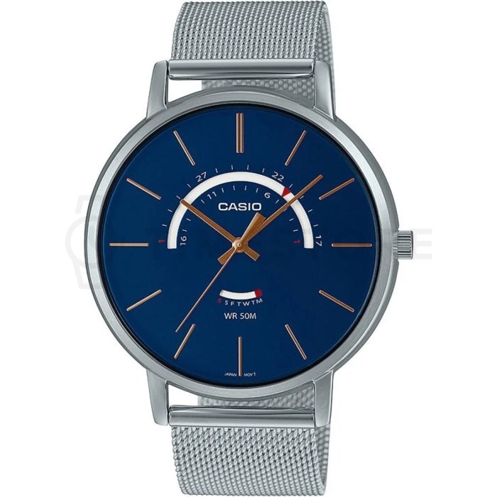 Casio Collection 43 mm con esfera azul y función día/fecha – estilo y ahorro