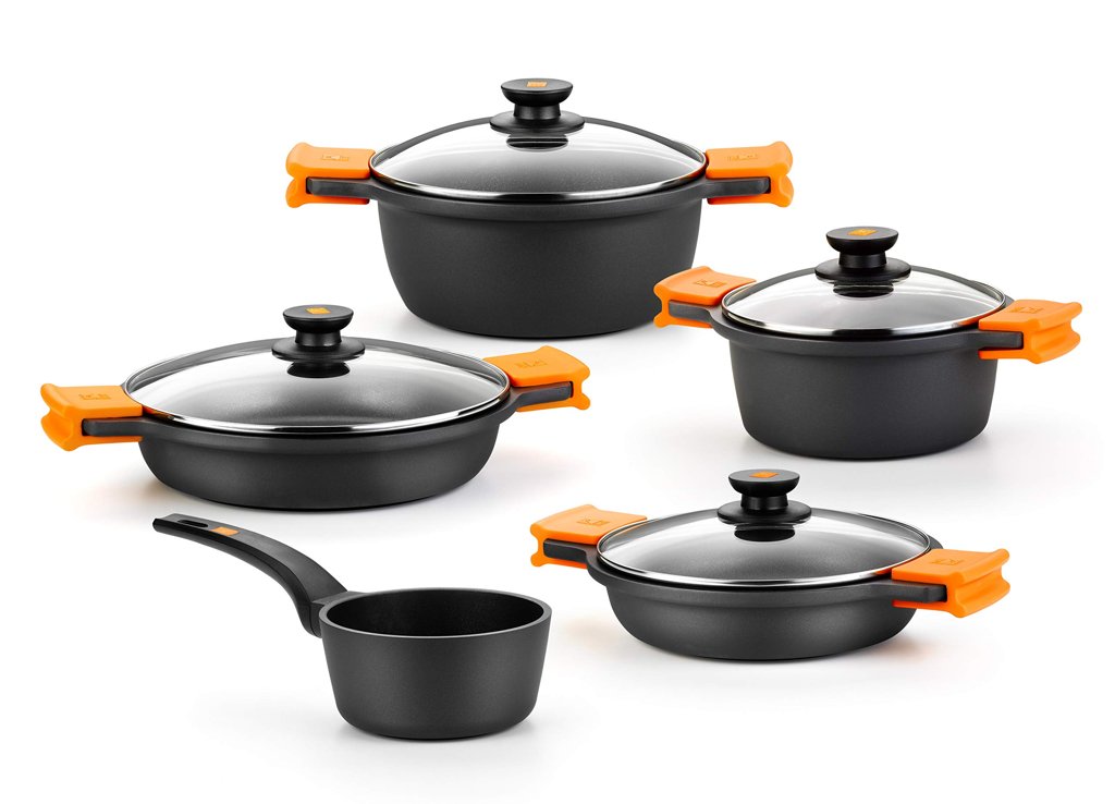 Juego de 9 baterías de cocina con antiadherente y base de aluminio fundido