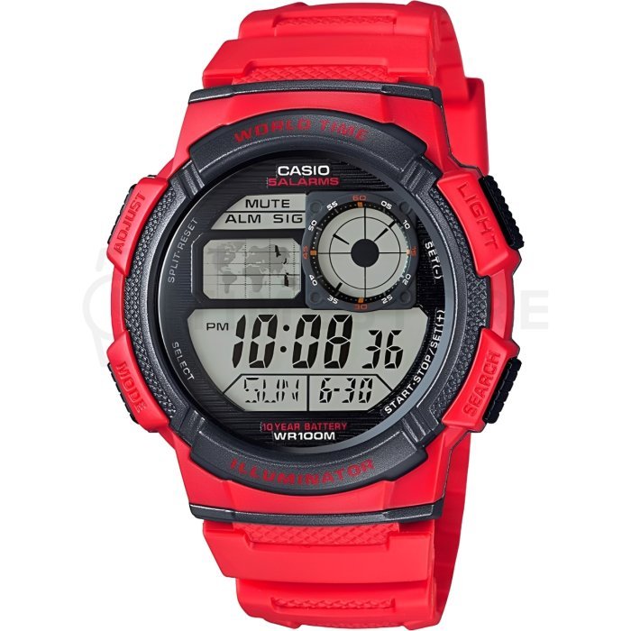 Reloj Casio AE-1000W rojo con World Time y 10 años de batería