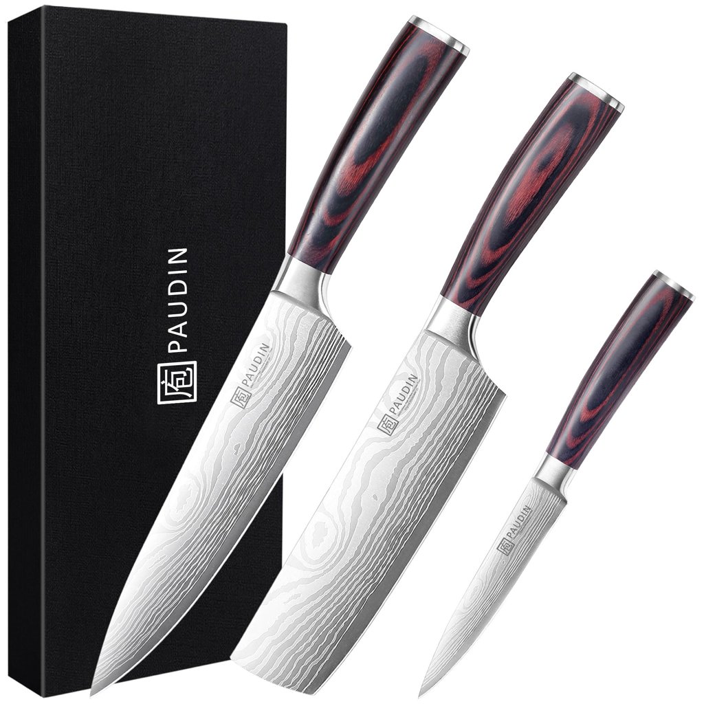 Set de 3 cuchillos de chef con mango de madera, calidad profesional