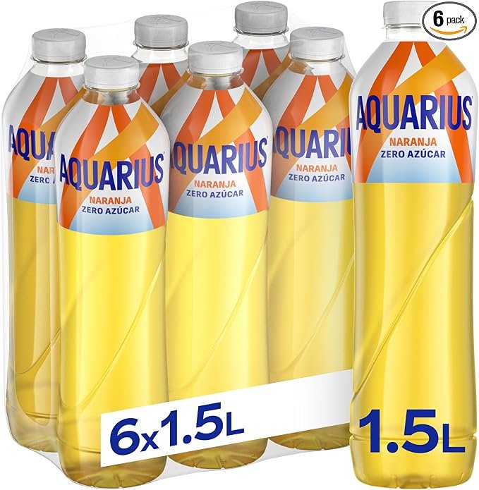 AQUARIUS Naranja Zero Azúcar, Bebida Hidratante con Sales Minerales - Pack de 6 Botellas de 1,5 L