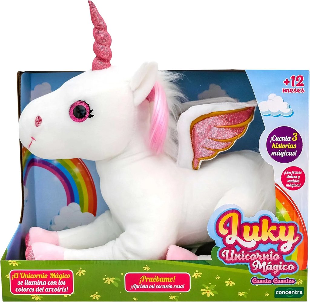 Luky unicornio blanco con luces arcoíris y 3 cuentos