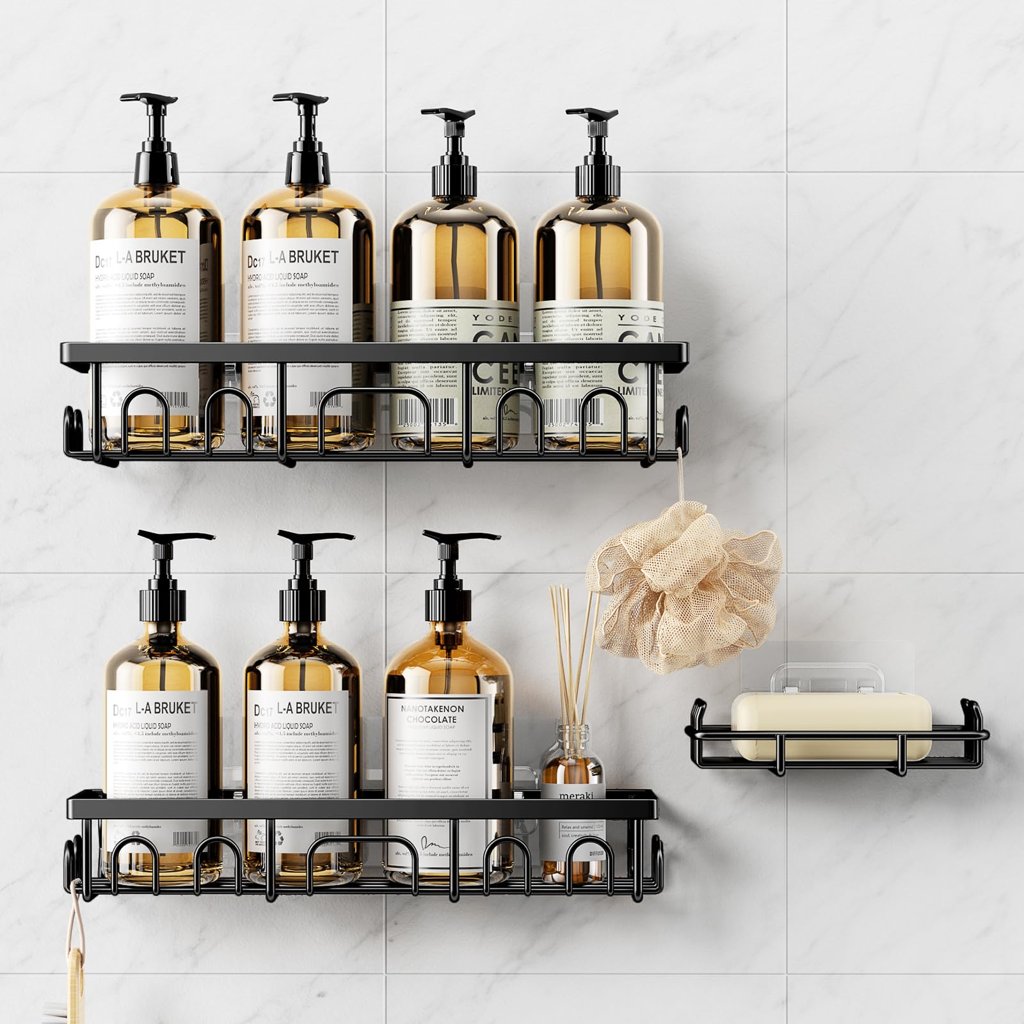 3 Piezas Acero Inoxidable Organizador Estanteria Baño Sin Tornillos - Negro