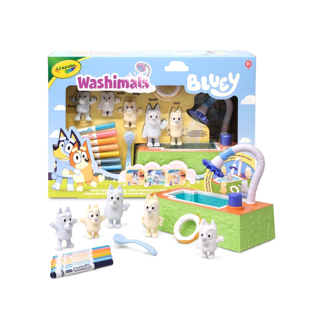 Kit Crayola Washimals Bluey con Piscina Ducha y 5 Figuras Lavables (8 Rotuladores)