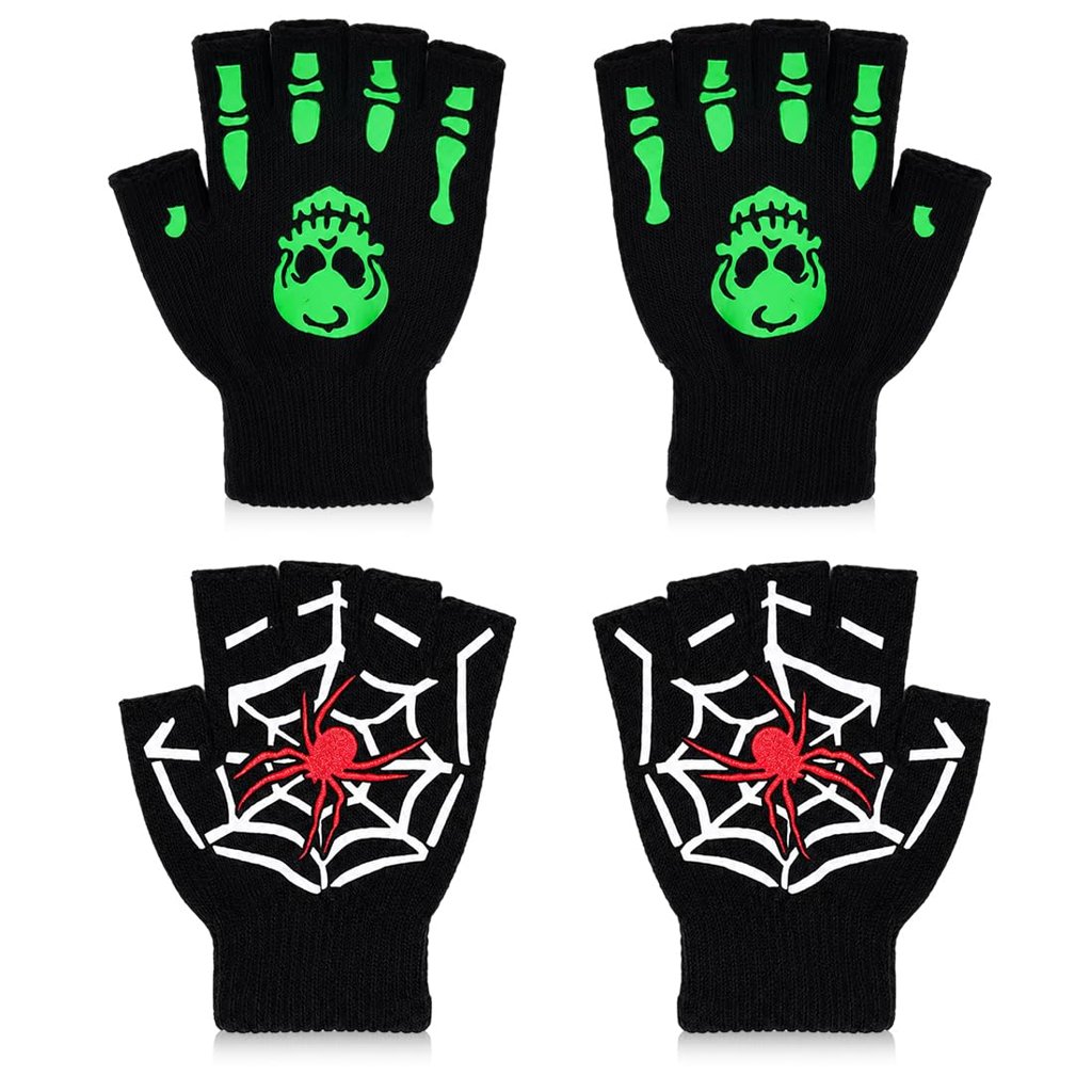 Pack de 2 Pares de Guantes de Halloween (Calavera luminosa y Araña)