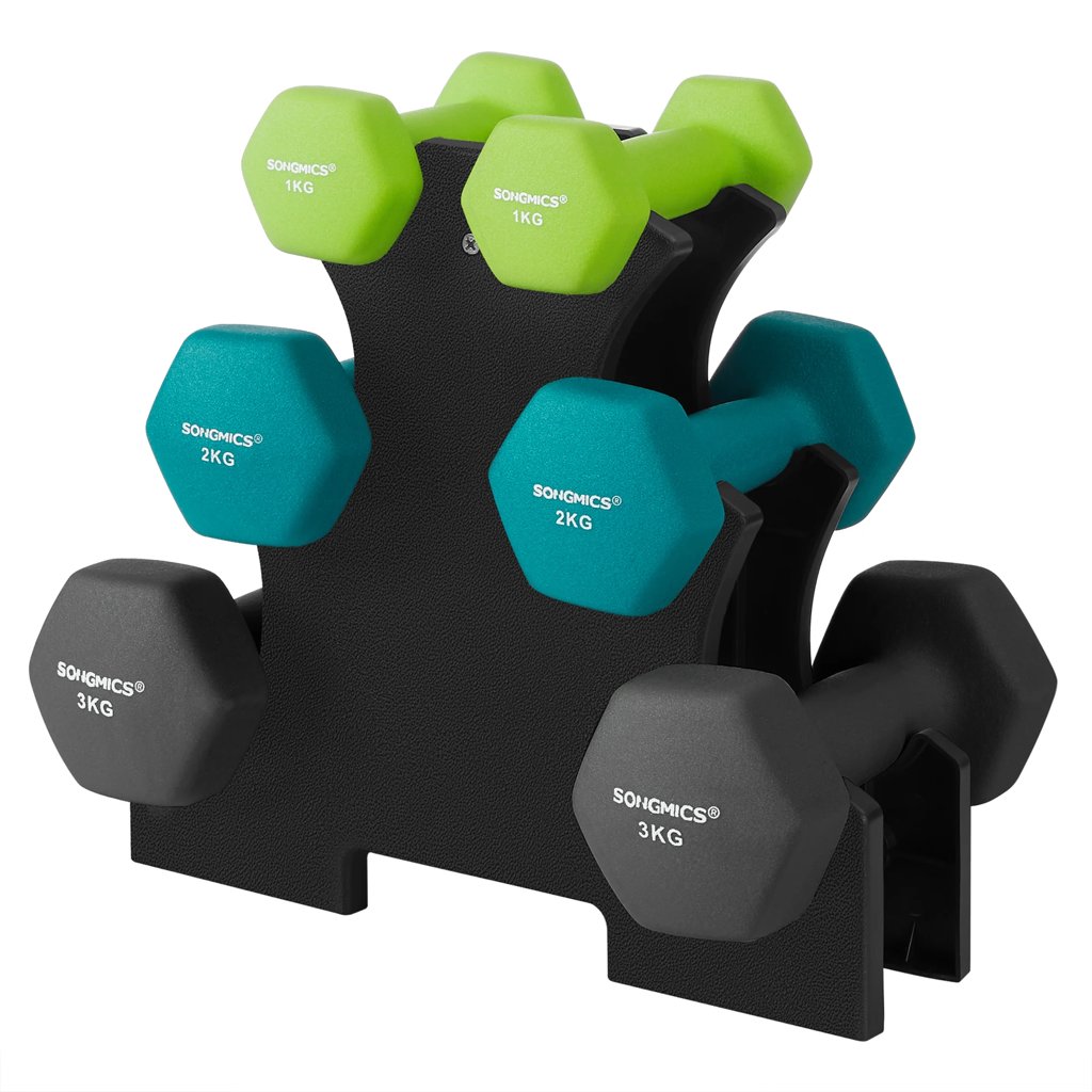 Set de mancuernas con soporte, 3 pares de pesos variados