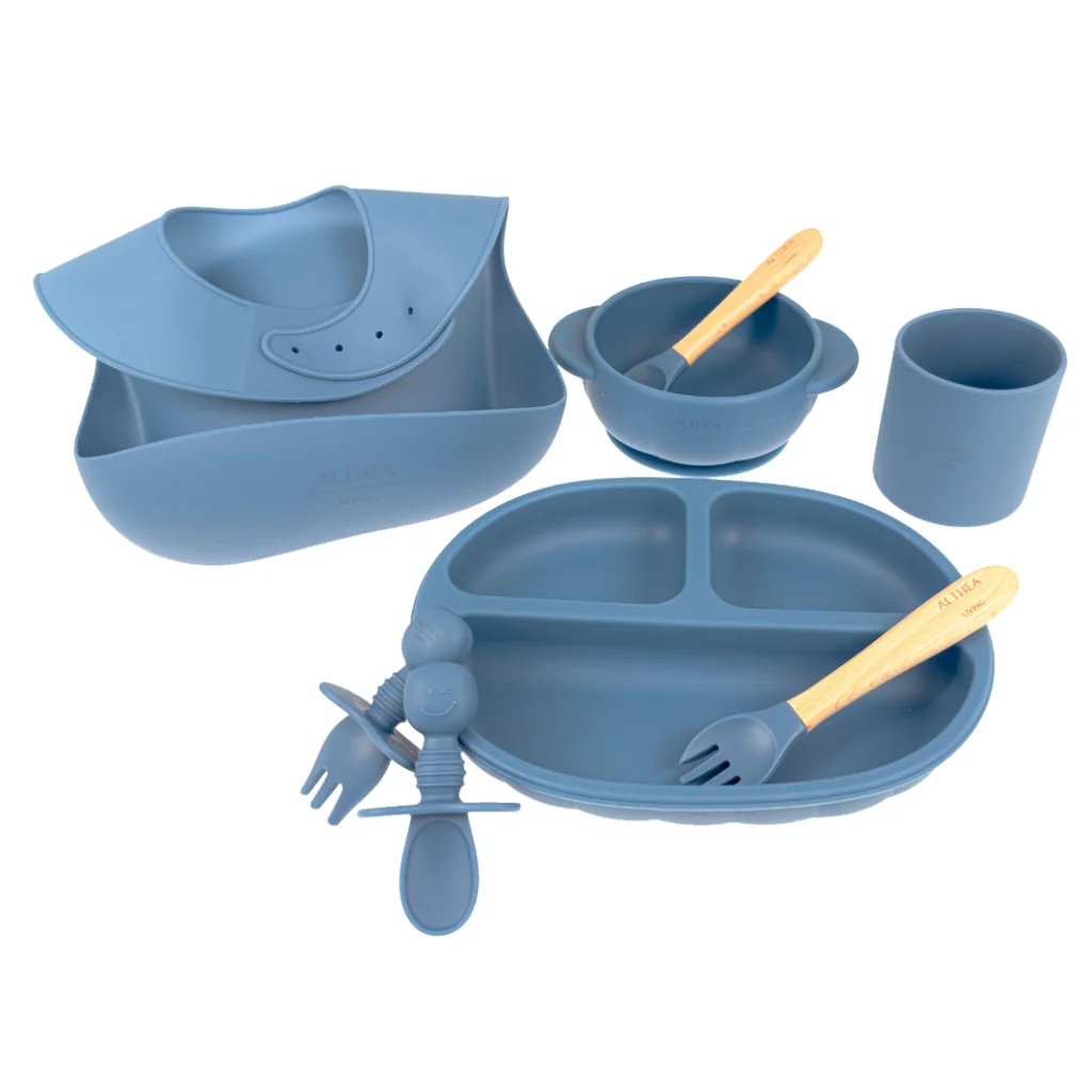 Vajilla de silicona orgánica 8 piezas en azul marino – ¡ideal para la mesa!
