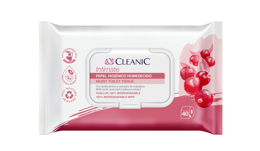 Papel higiénico húmedo Cleanic Intimate con arándano y prebióticos