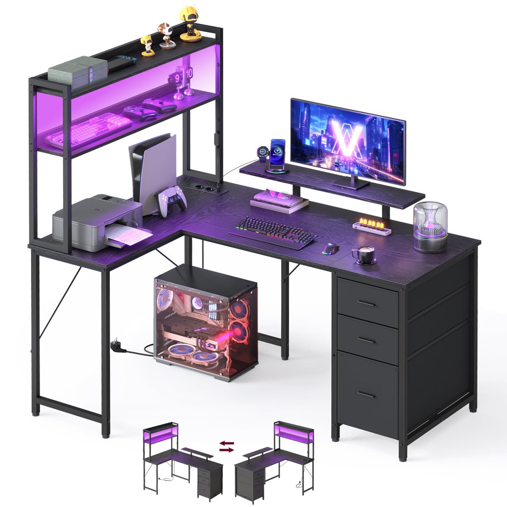 Escritorio en L con enchufes, luces LED y cajones, ¡42% de descuento!