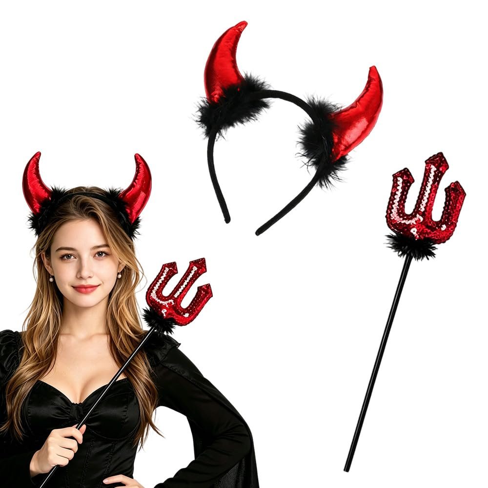Set de disfraz de Diablo con diadema y tridente brillantes
